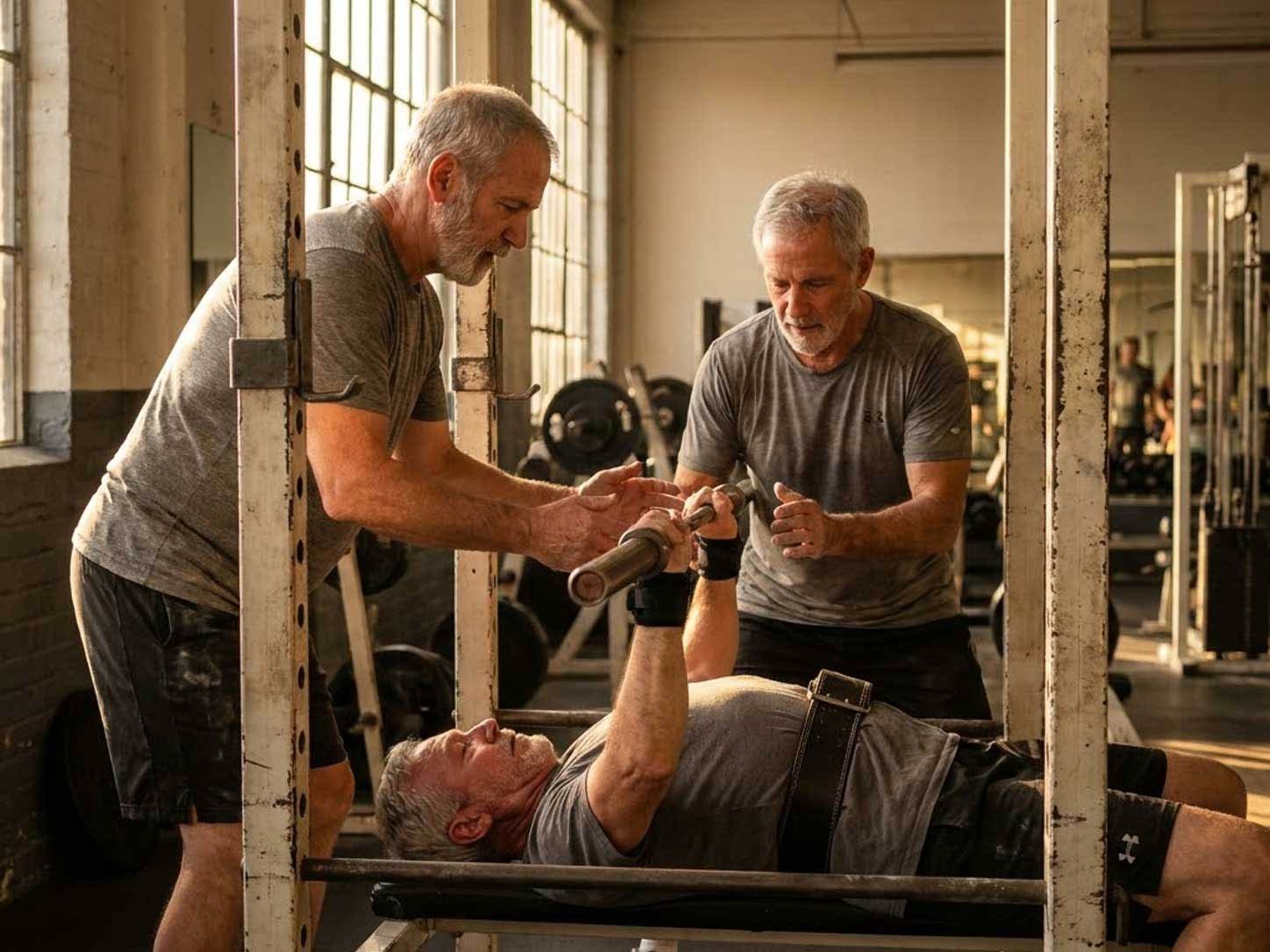 Two older training partners spotting each other