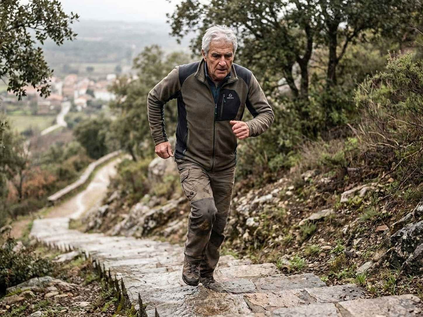 An older person walking briskly uphill