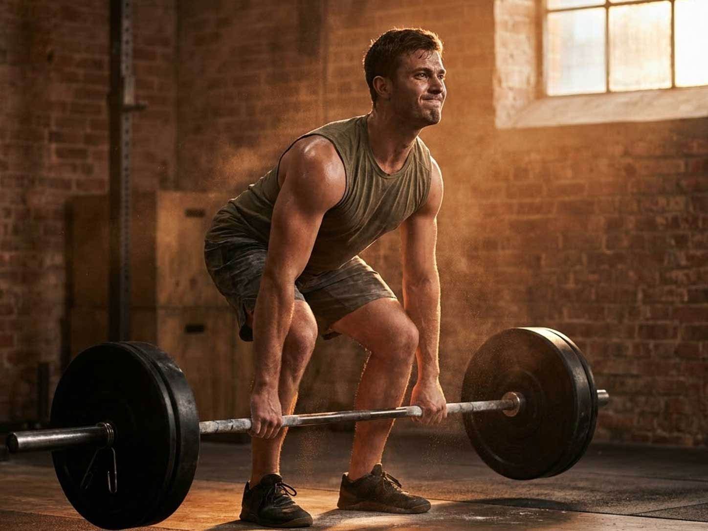 An athlete mid-lift in dramatic gym light with chalk dust