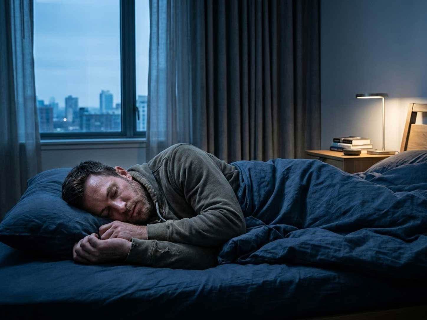 An athlete asleep in a cool dark room