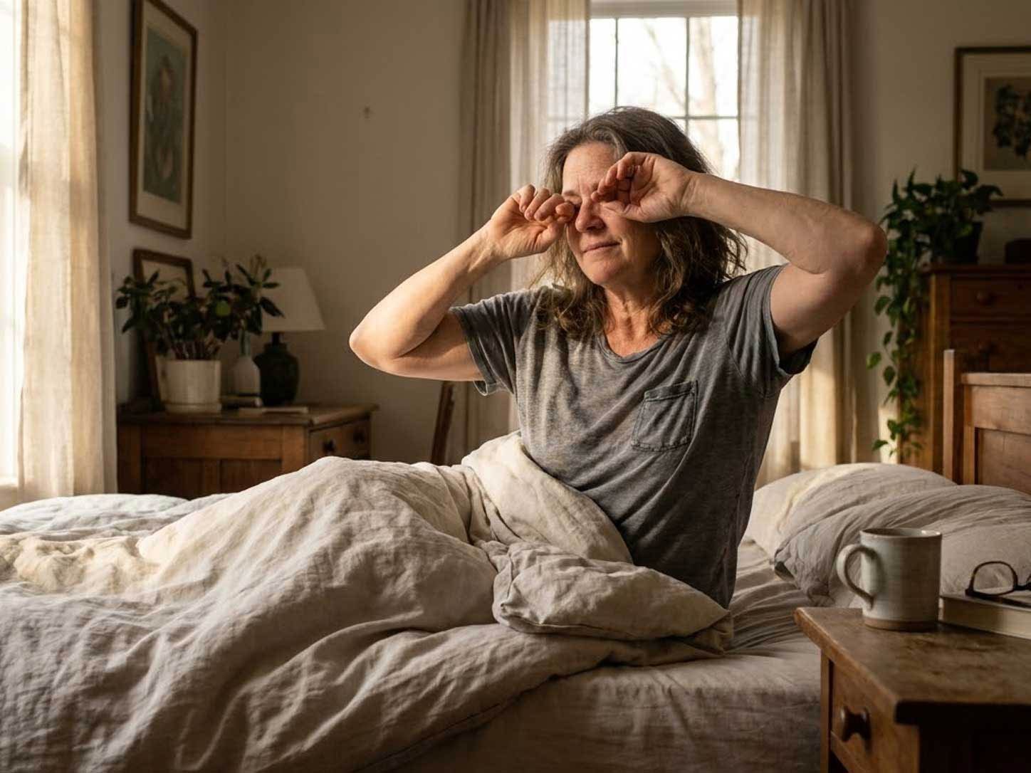 Morning light entering a bedroom onto a person waking rested