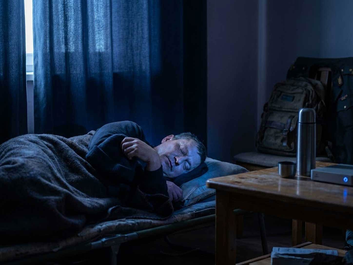 A person sleeping deeply in moonlit darkness