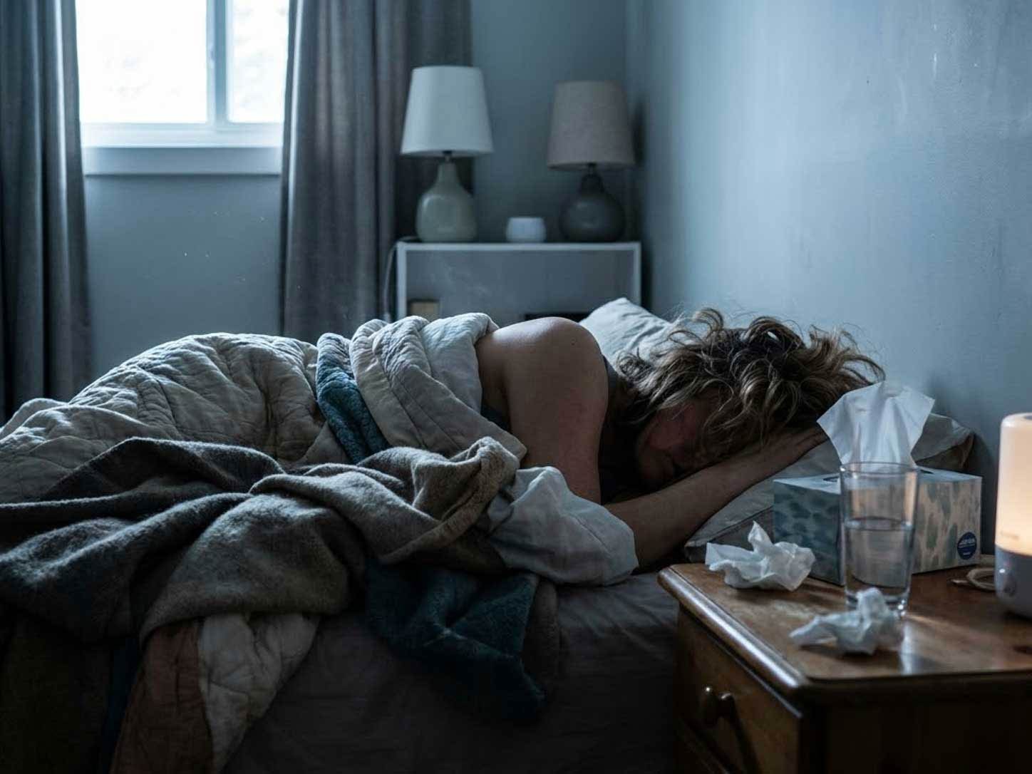 A person sleeping under extra blankets, tissues on the nightstand