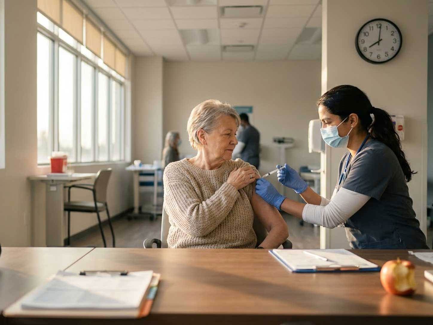 A morning vaccination scene in warm clinic light