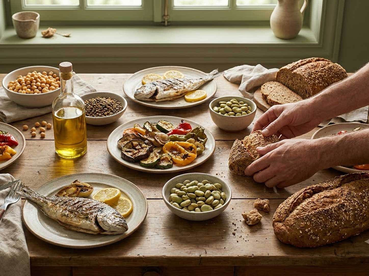 A colorful Mediterranean-style table spread