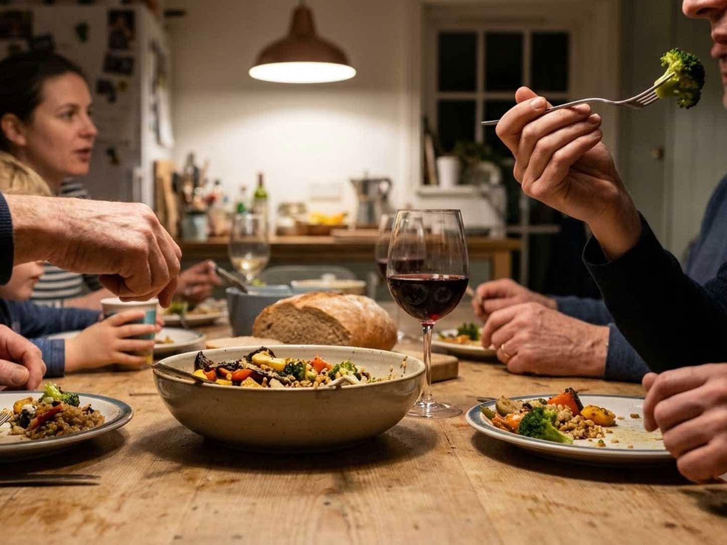 An ordinary weeknight dinner mid-eating