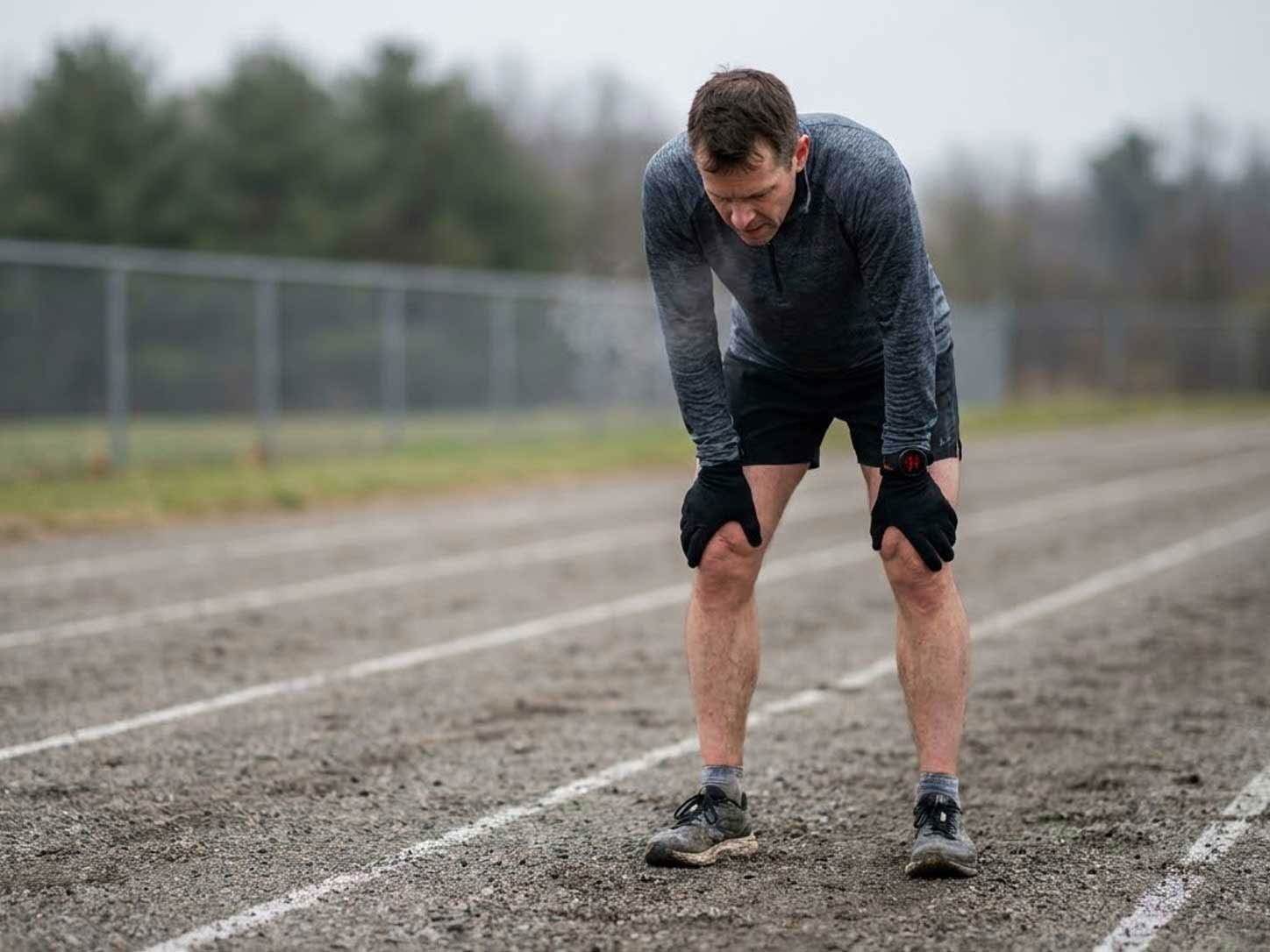 A runner stopped on the track, hands on knees, visibly fatigued