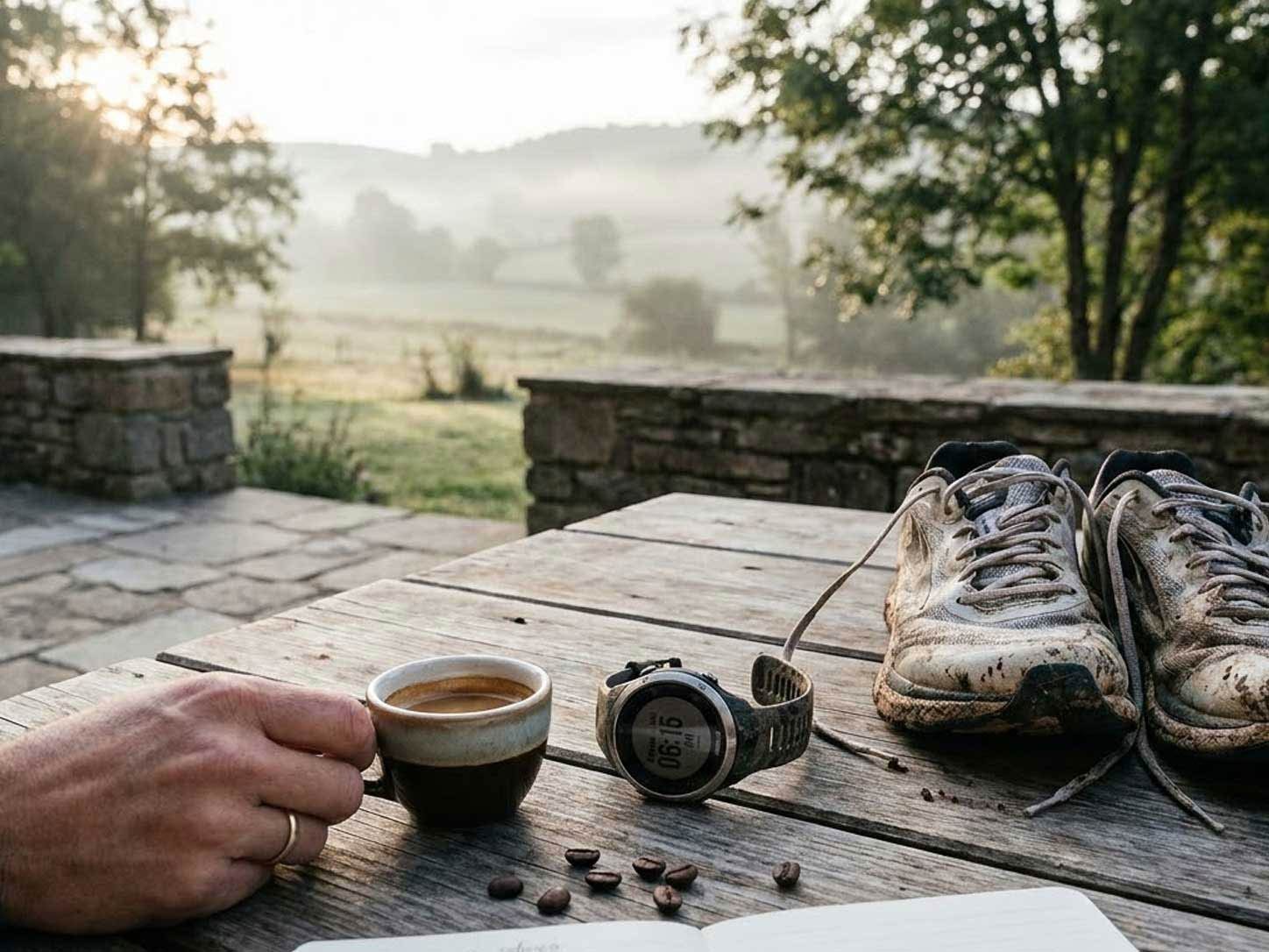 A small espresso cup beside a training watch and pre-run shoes
