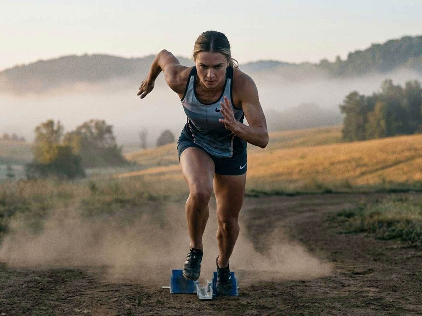 A sprinter mid-explosion at dawn