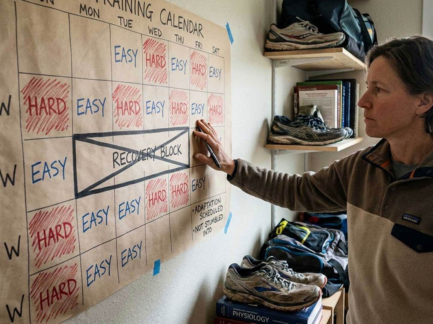 A training-plan calendar with hard weeks and a marked recovery block