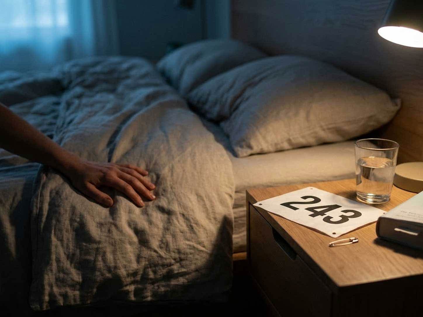 A runner's bed the night before a race, bib on the nightstand