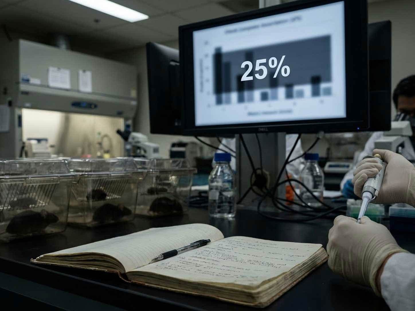 A preclinical research bench with notebooks and equipment