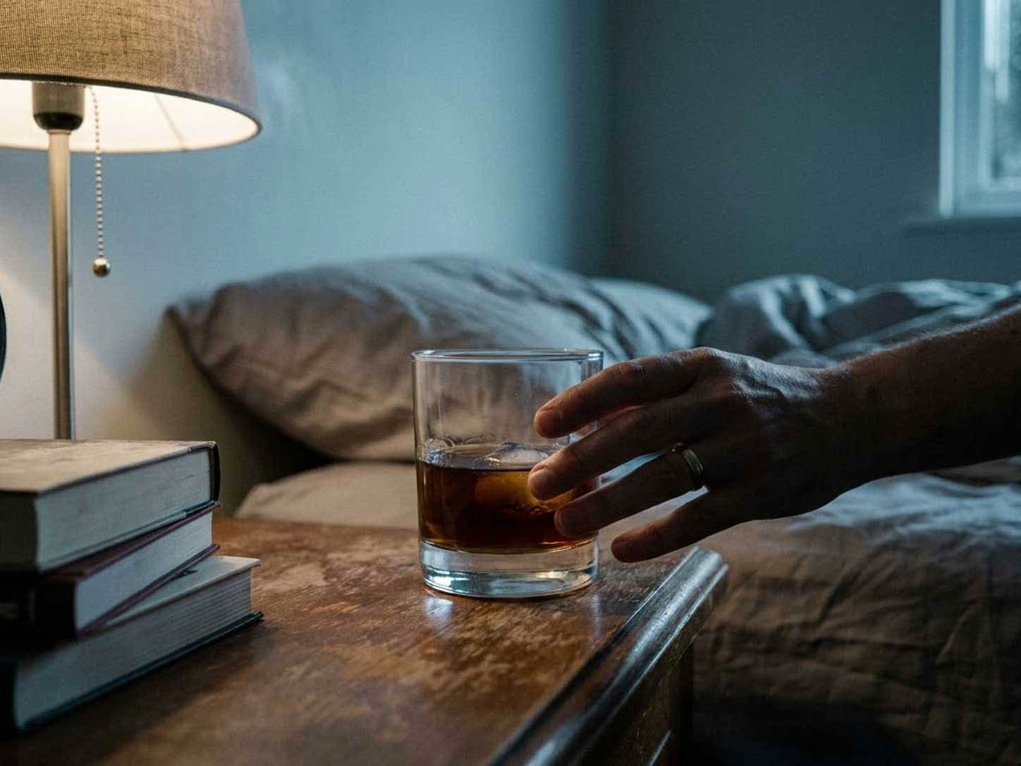 An evening nightcap glass on a bedside table in dim light