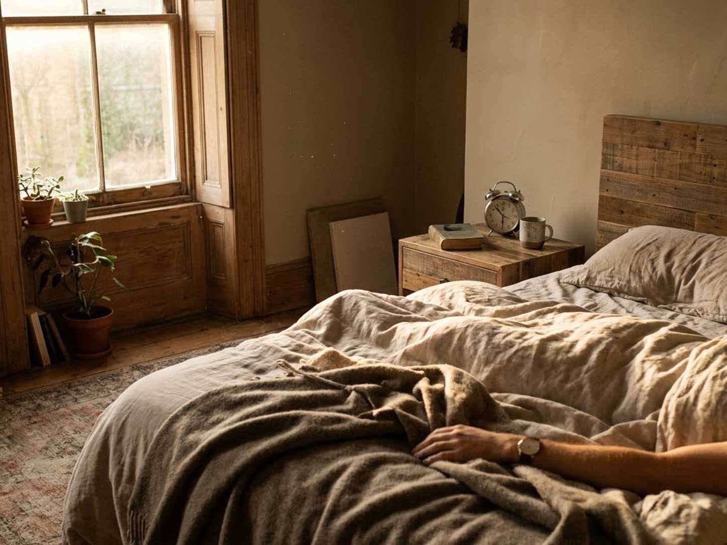 Morning light streaming through a window onto an unmade bed