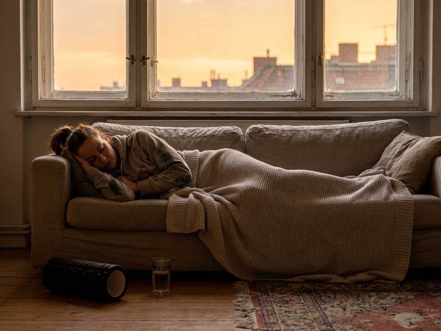 An athlete resting at dawn after training