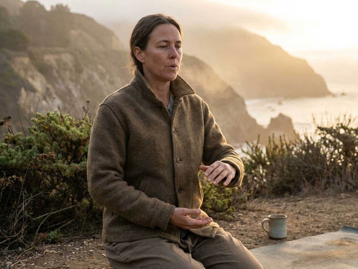 A person outdoors at sunrise, mid-breath