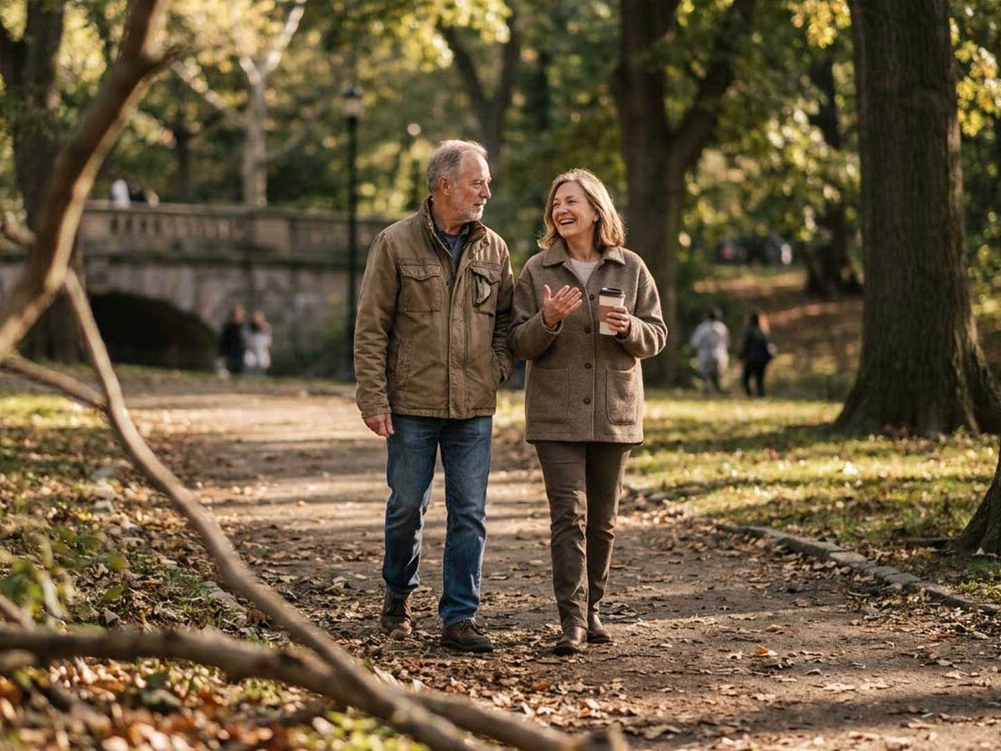 Two people walking and talking in warm light
