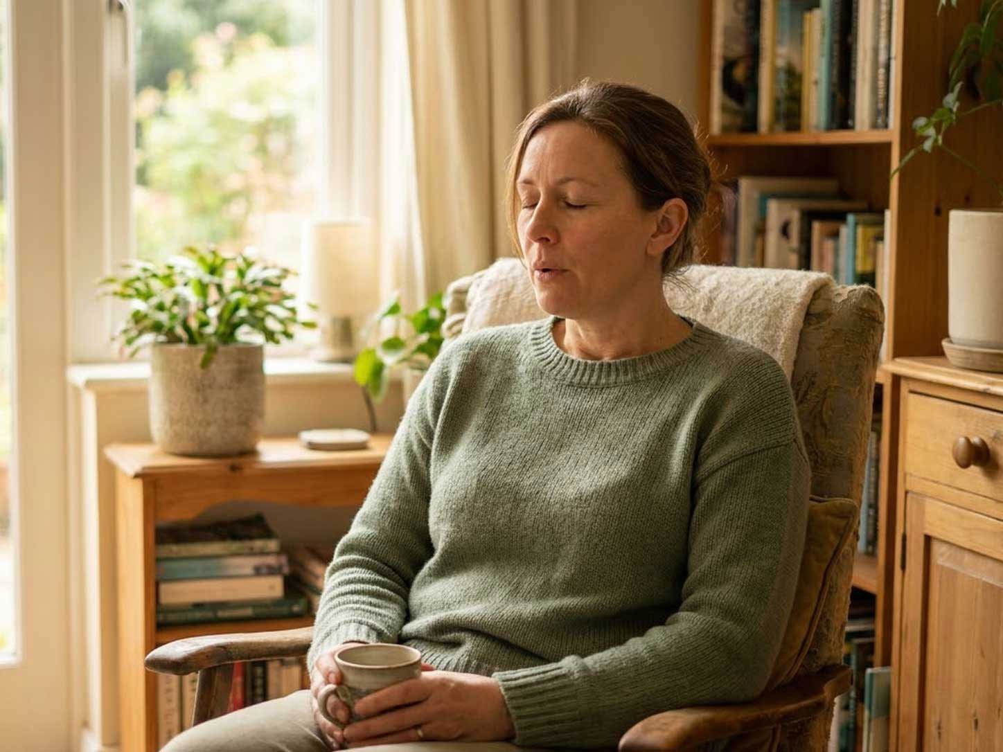 A person breathing calmly with eyes closed in soft natural light