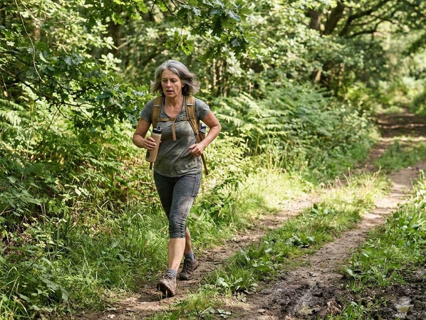 A person walking through greenery in daylight