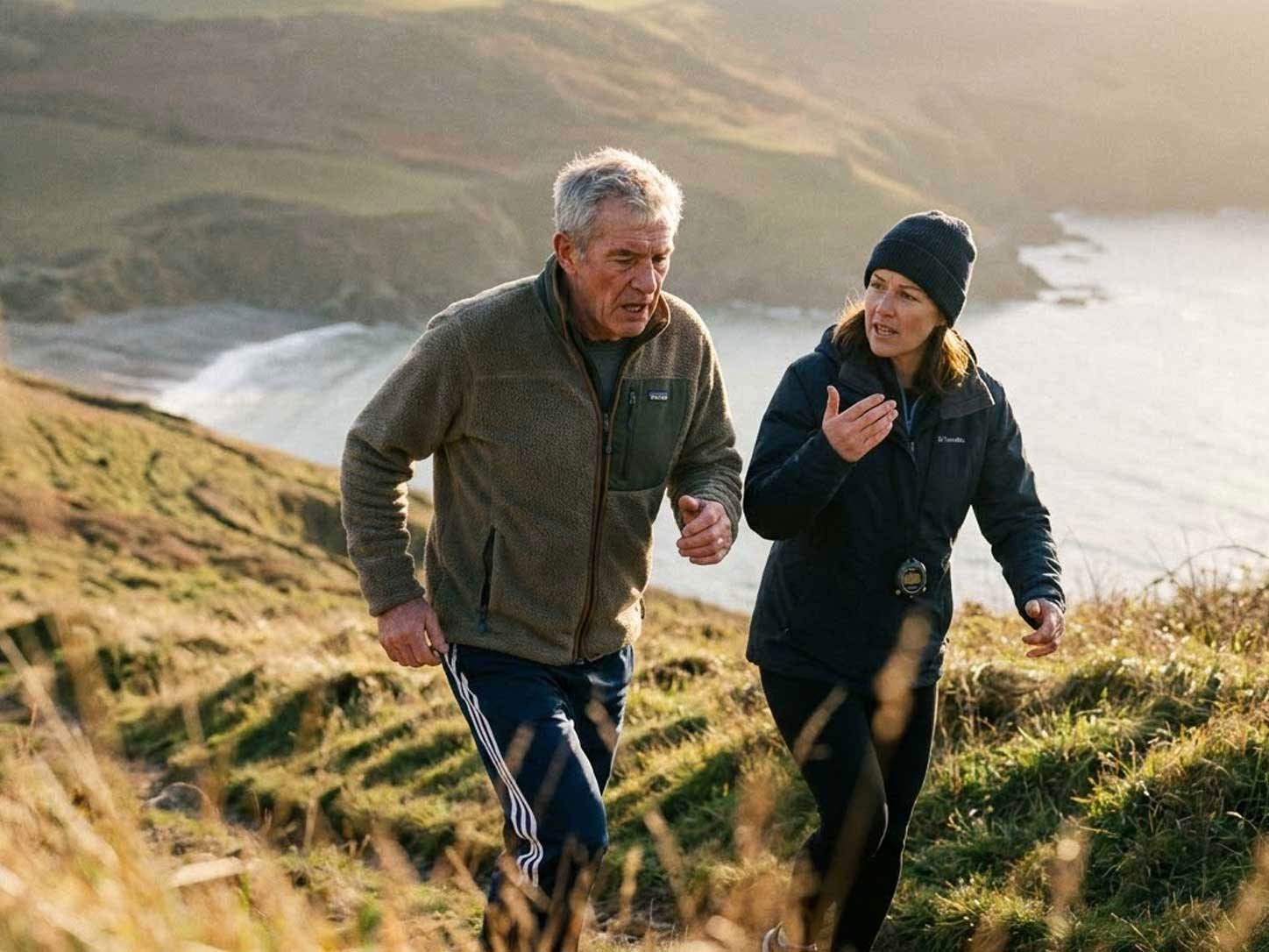 An older adult training with a coach nearby