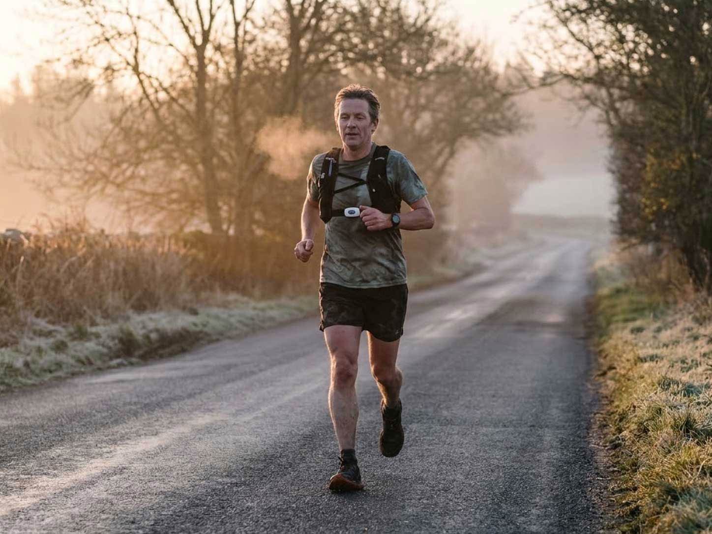 A runner mid-stride on an empty road at dawn