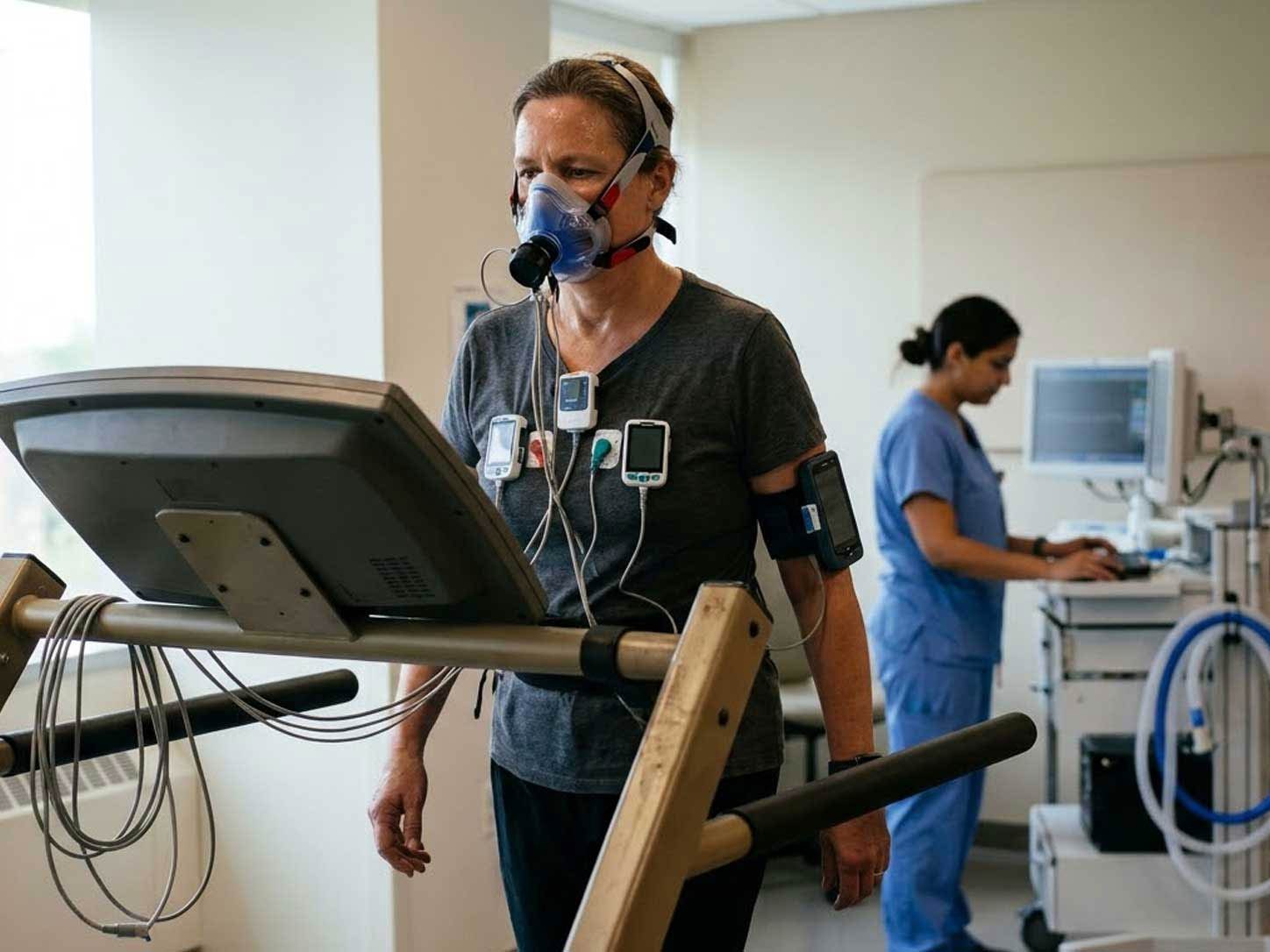 A clinical exercise test with treadmill and breathing mask