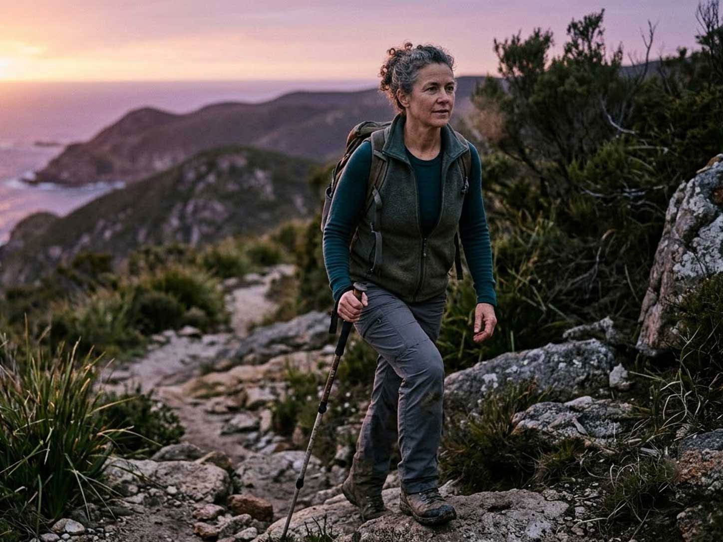 A confident woman in her 40s mid-hike at dawn