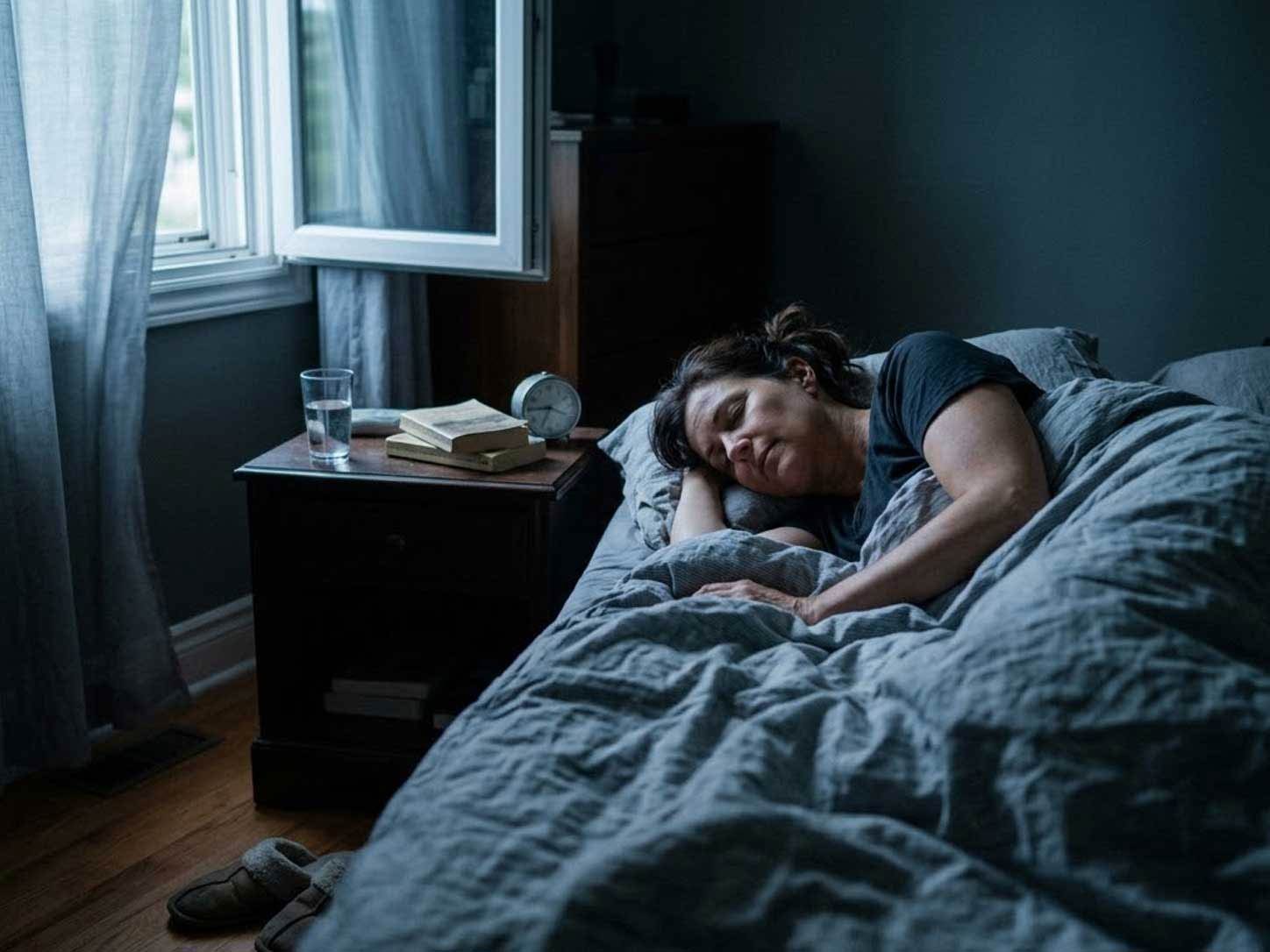 A cool, dark, restful bedroom with a cracked window