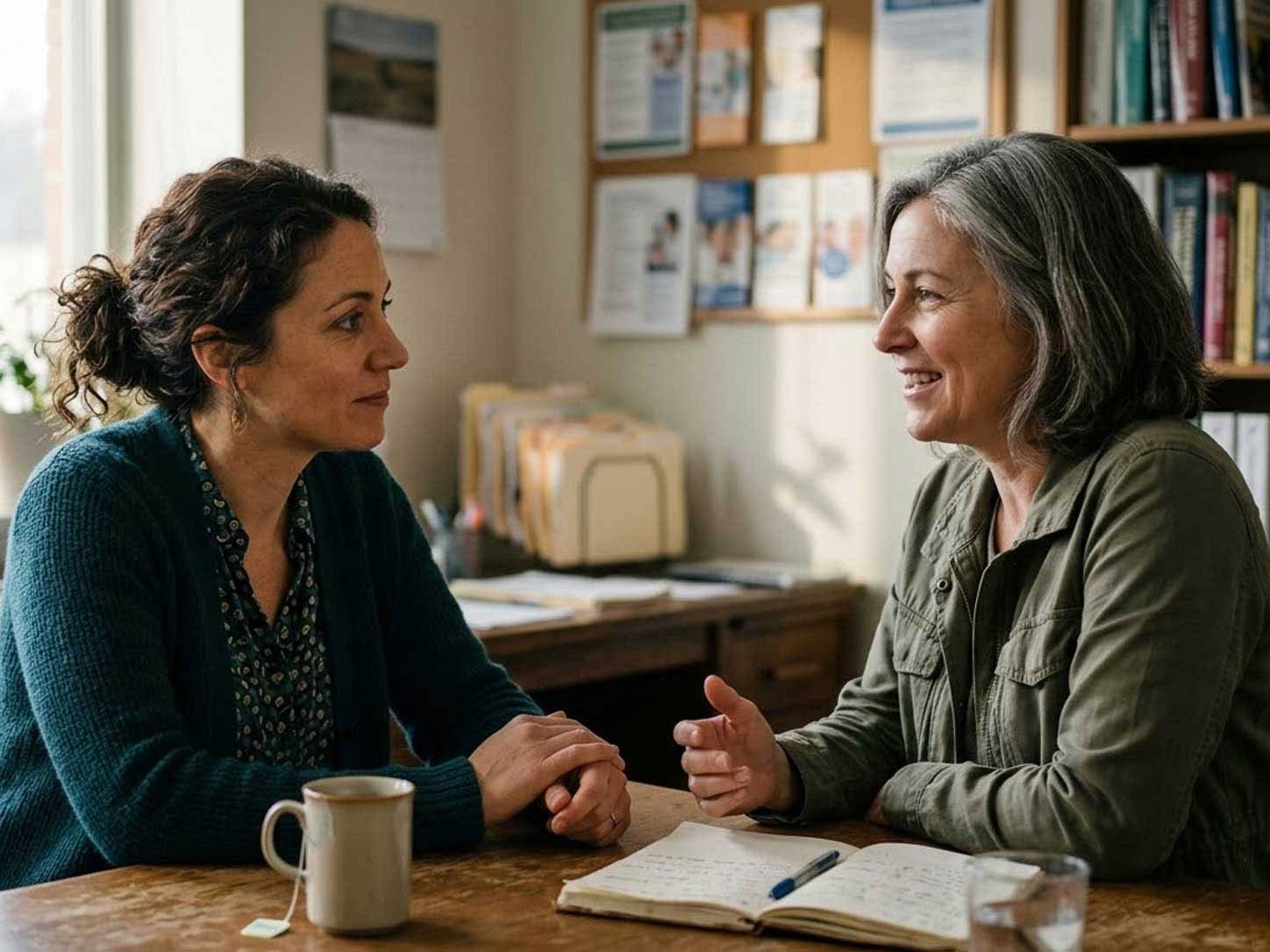 Two women in honest, warm conversation